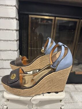 Coach Raine Espadrille Wedge Platform Sandals Blue Brown Size 8 Genuine Leather